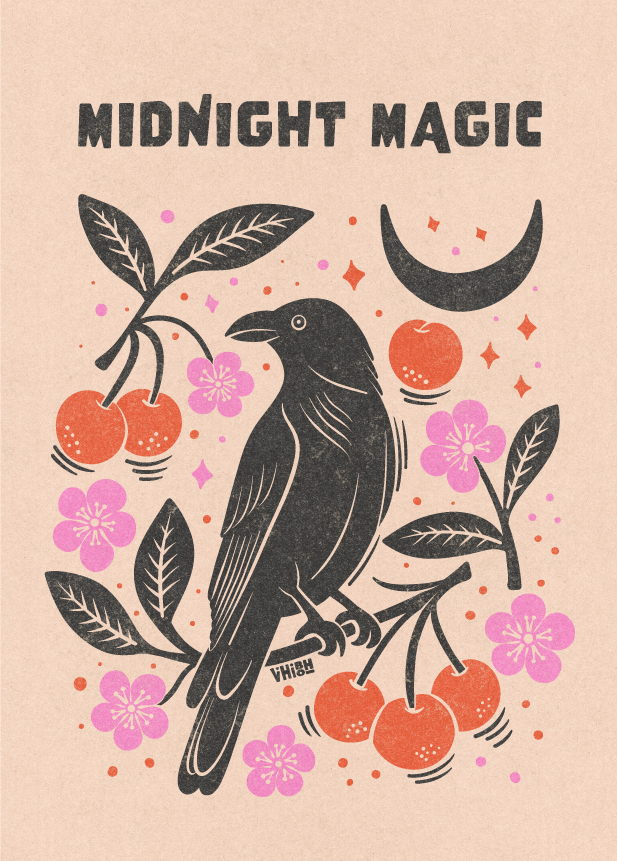 cherries and bird illustration